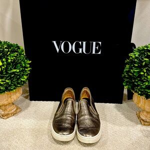 Soft pewter (grayish gold) shimmery sneakers with grosgrain ribbon trim